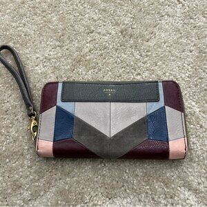 Fossil Leather Wallet Wristlet Geometric Multicolor Folding, Preowned condition